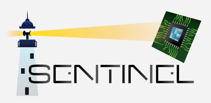 Sentinel Logo. A lighthouse is shining its light on a PCB and computer
  chip. The silicon die of the computer chip is visible. The text "Sentinel"
  in a black and gray gradient stretches in parallel with the lighthouse's beam.
  The text covers the base of the lighthouse and is below the chip.